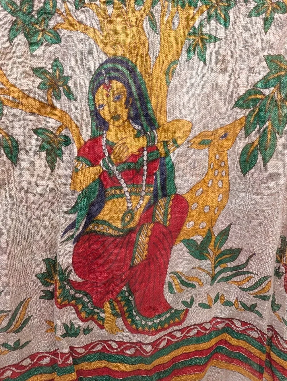 Vintage 1960s Linen Wrap Scarf Indian Cultural Scene Colorful Shawl Woman Deer